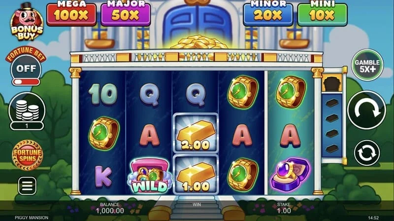 Piggy Mansion – spelskärm med ett 5x3-rutnät och pengasymboler